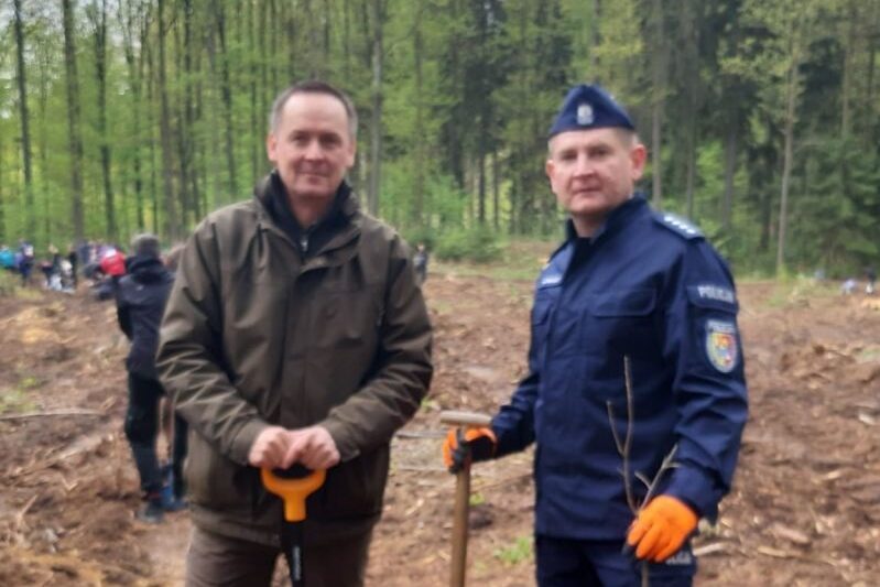 Kadra kierownicza lwóweckiej policji wspiera sadzenie lasu